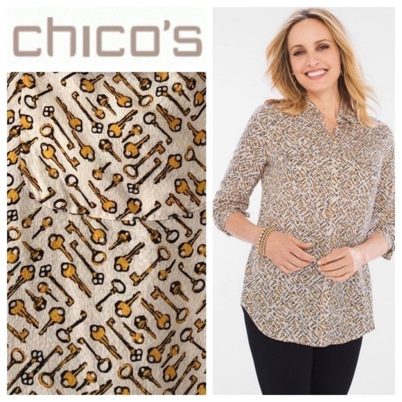 Chico's Keys Novelty Print Button Shirt Top Blouse - Picture 1 of 8